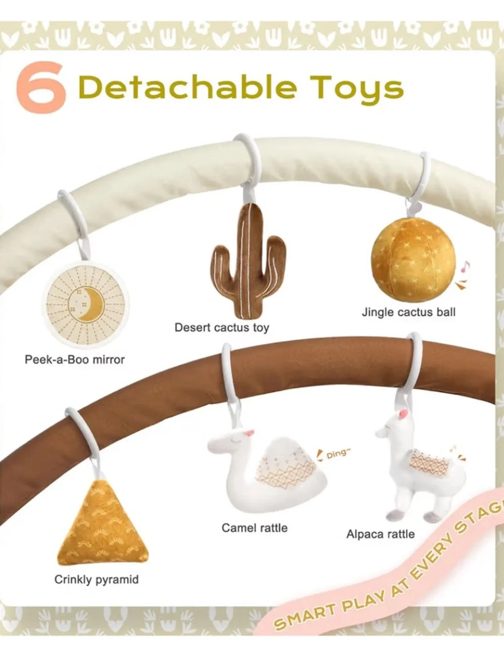 Neutral White & Brown Baby Play Gym - Soft Activity Mat with Hanging Toys